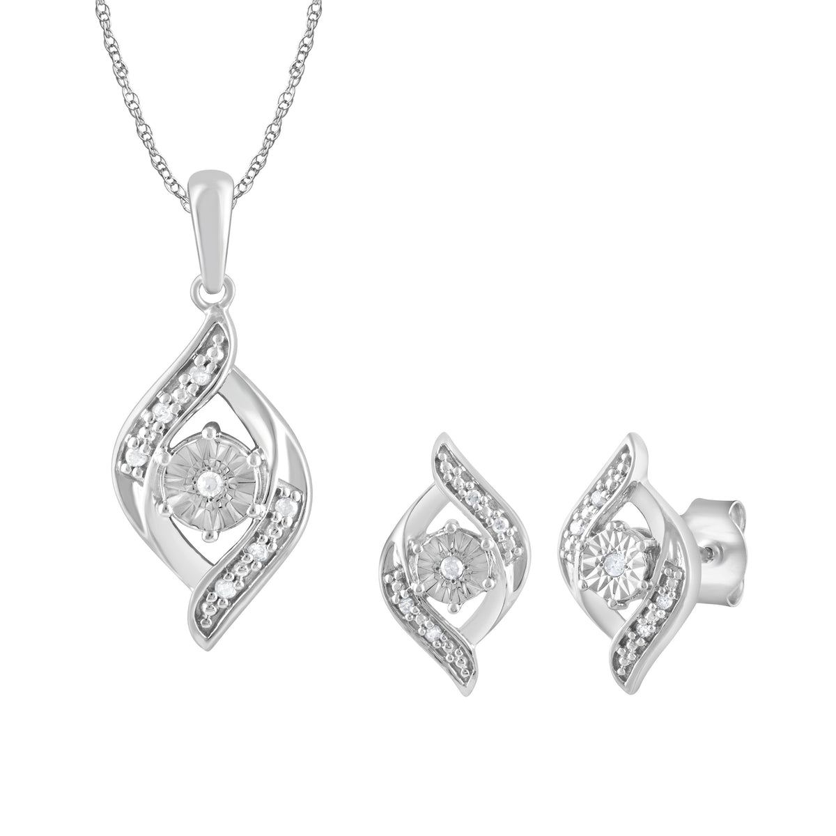Flame Shape Stud Earrings and Necklace Set with 0.05ct of Diamonds in Sterling Silver Jewellery Sets Bevilles 