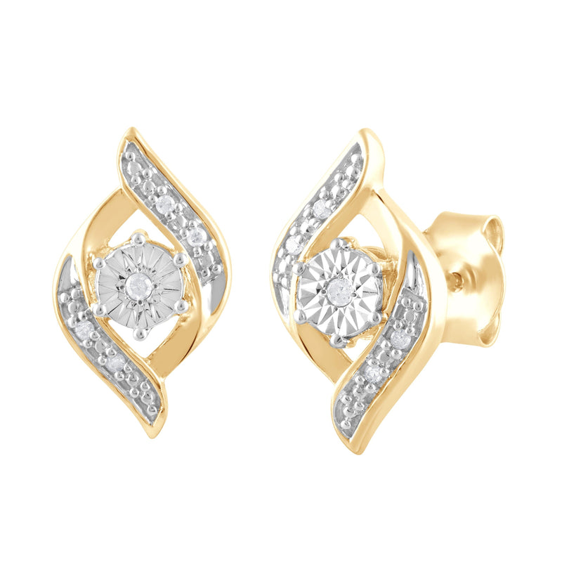 Flame Shaped Stud Earrings with 0.03ct of Diamonds in 9ct Yellow Gold Plated Sterling Silver Earrings Bevilles 