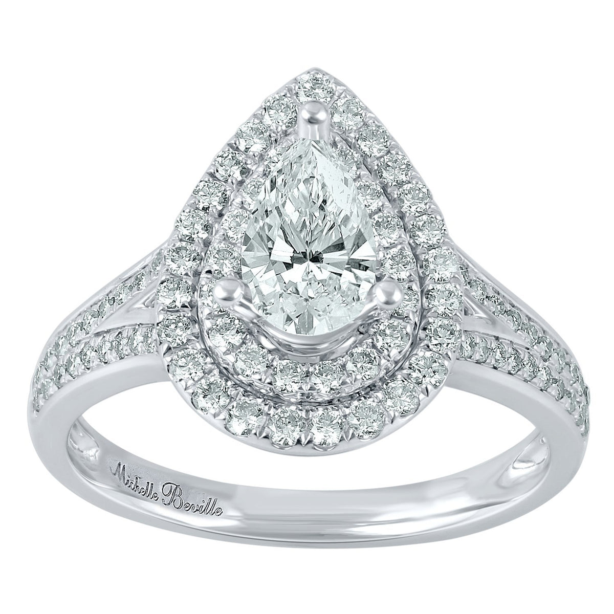 Love by Michelle Beville Double Halo Solitaire Pear Ring with 1.00ct of Diamonds in 18ct White Gold Rings Bevilles 