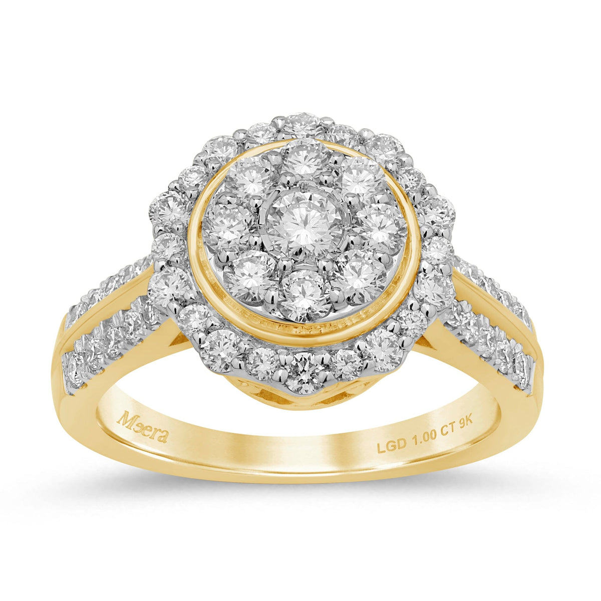 Meera Halo Round Look Ring with 1.00ct of Laboratory Grown Diamonds in 9ct Yellow Gold Rings Bevilles 