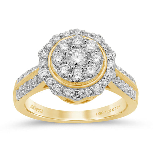 Meera Halo Round Look Ring with 1.00ct of Laboratory Grown Diamonds in 9ct Yellow Gold Rings Bevilles 