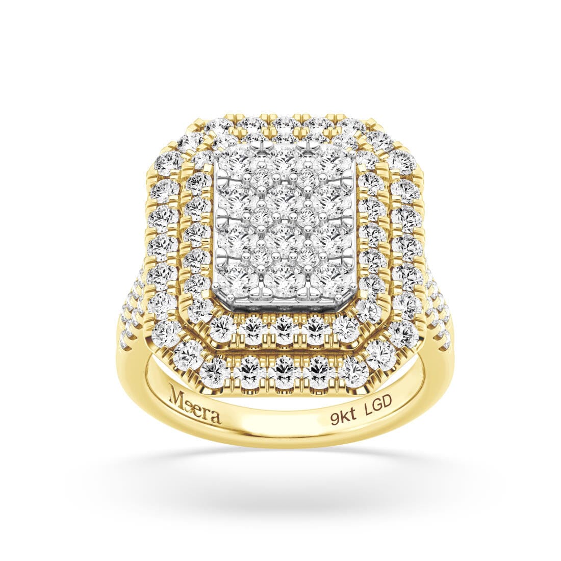 Meera Emerald Shape Double Halo Ring with 2.00ct of Laboratory Grown Diamonds in 9ct Yellow Gold Rings Bevilles 