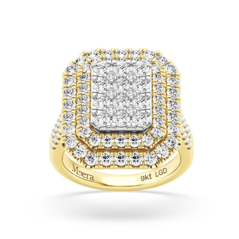 Meera Emerald Shape Double Halo Ring with 2.00ct of Laboratory Grown Diamonds in 9ct Yellow Gold Rings Bevilles 