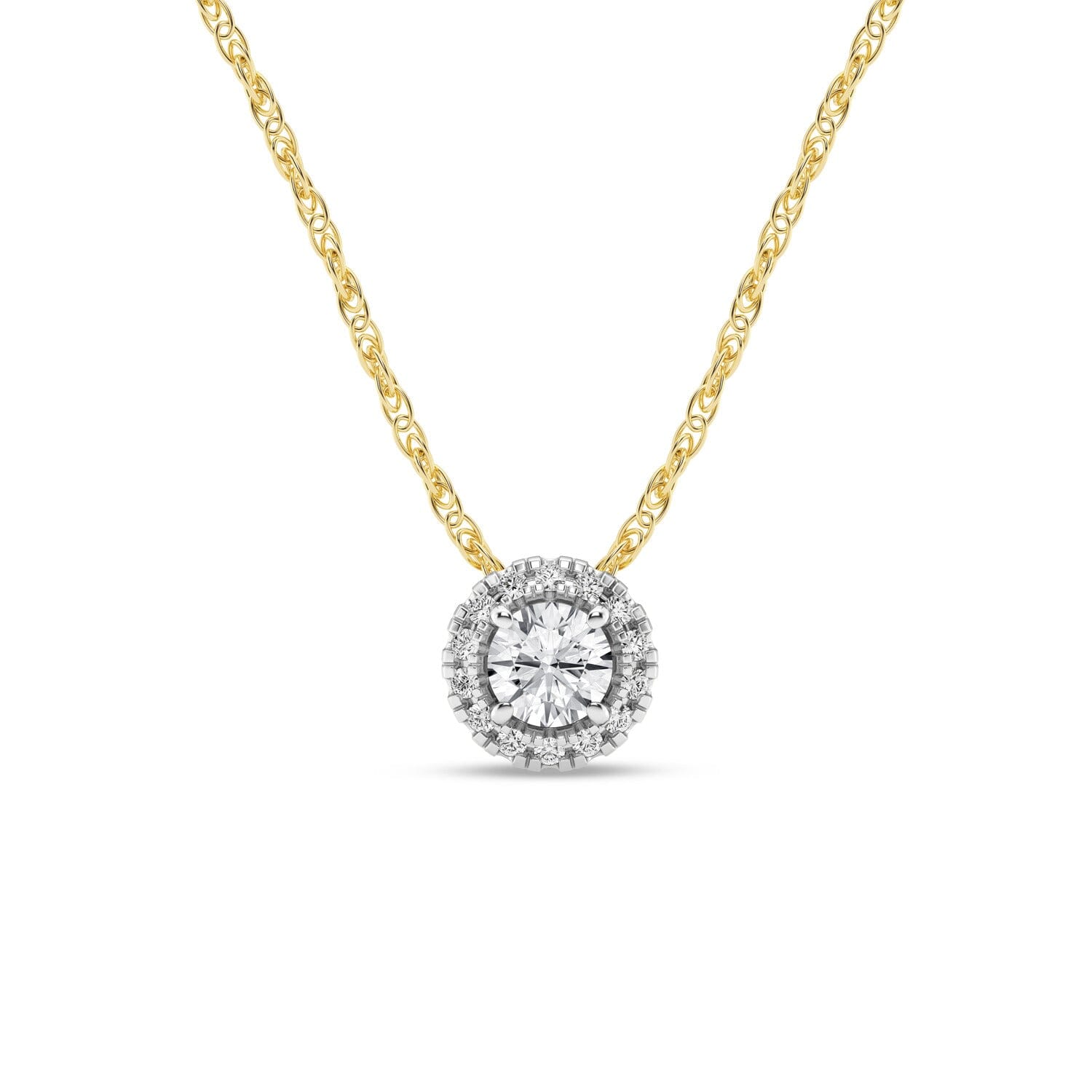 Meera Halo Solitaire Necklace with 1/4ct of Laboratory Grown Diamonds in 9ct Yellow Gold Necklaces Bevilles 
