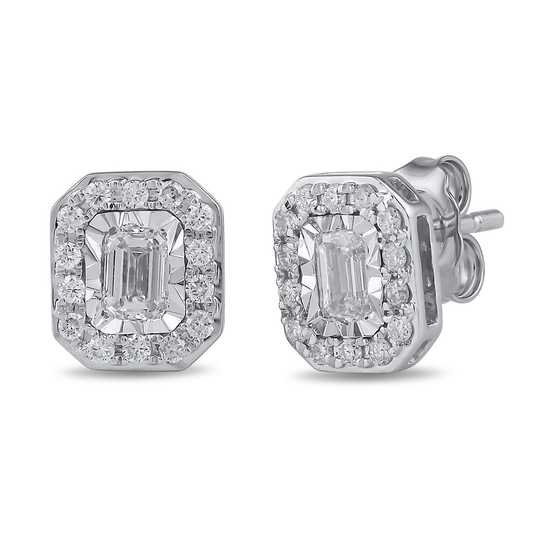 Emerald Solitaire and Halo Stud Earrings with 1/2ct of Laboratory Grown Diamonds in 9ct White Gold Earrings Bevilles 