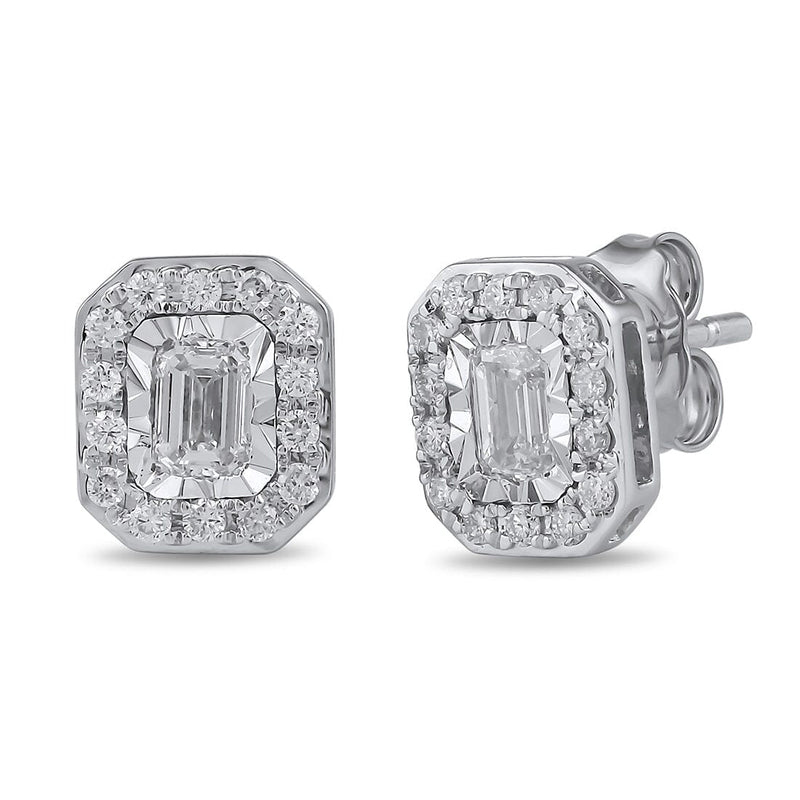 Emerald Solitaire and Halo Stud Earrings with 1/2ct of Laboratory Grown Diamonds in 9ct White Gold Earrings Bevilles 