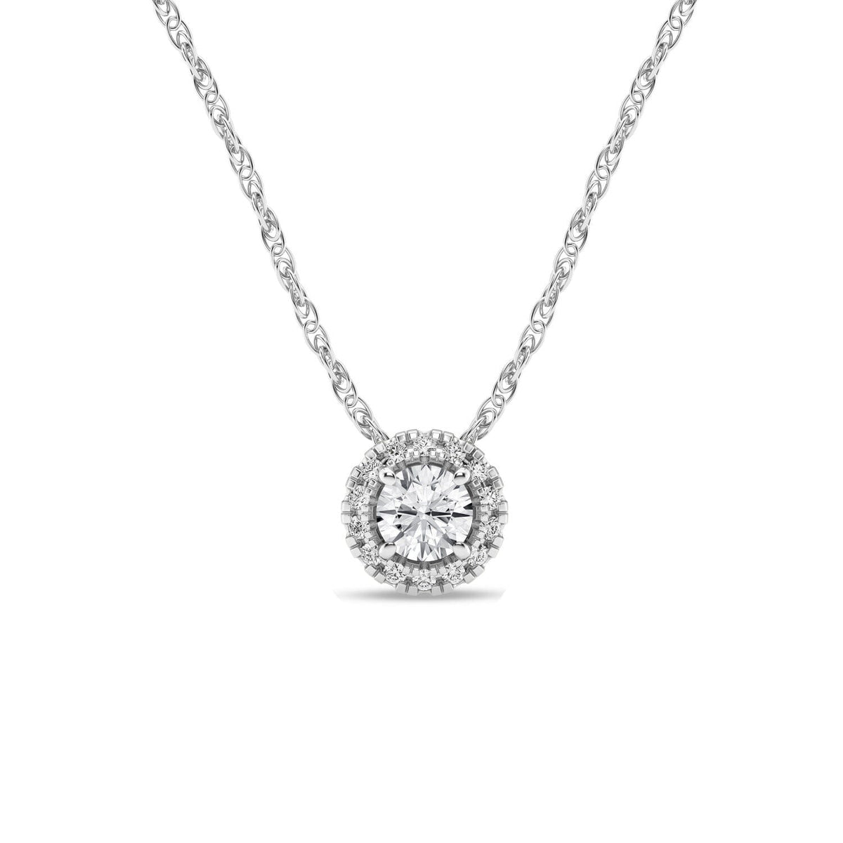 Meera Halo Solitaire Necklace with 1/4ct of Laboratory Grown Diamonds in 9ct White Gold Necklaces Bevilles 