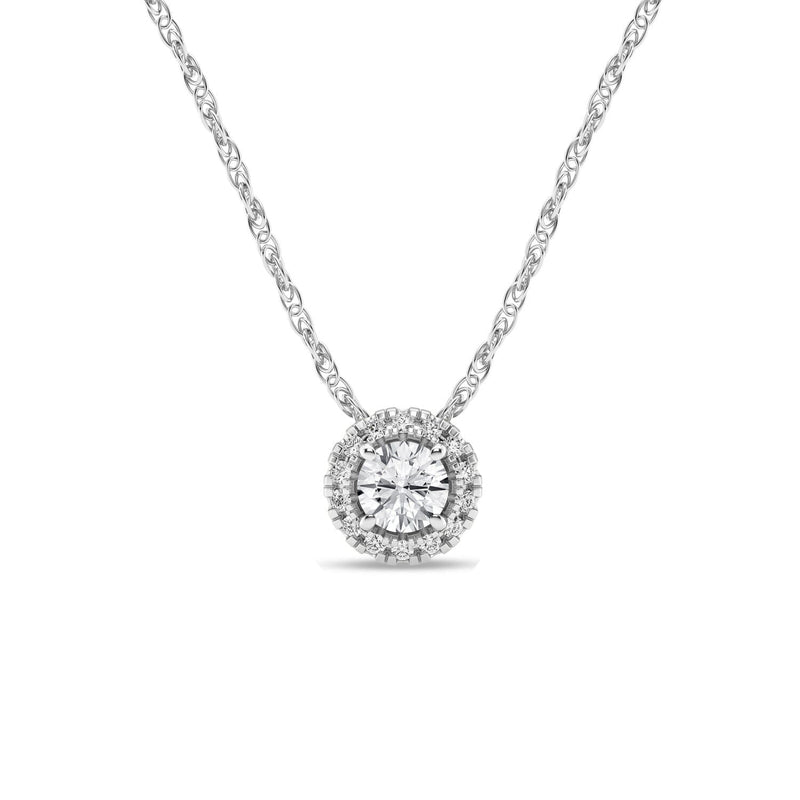 Meera Halo Solitaire Necklace with 1/4ct of Laboratory Grown Diamonds in 9ct White Gold Necklaces Bevilles 