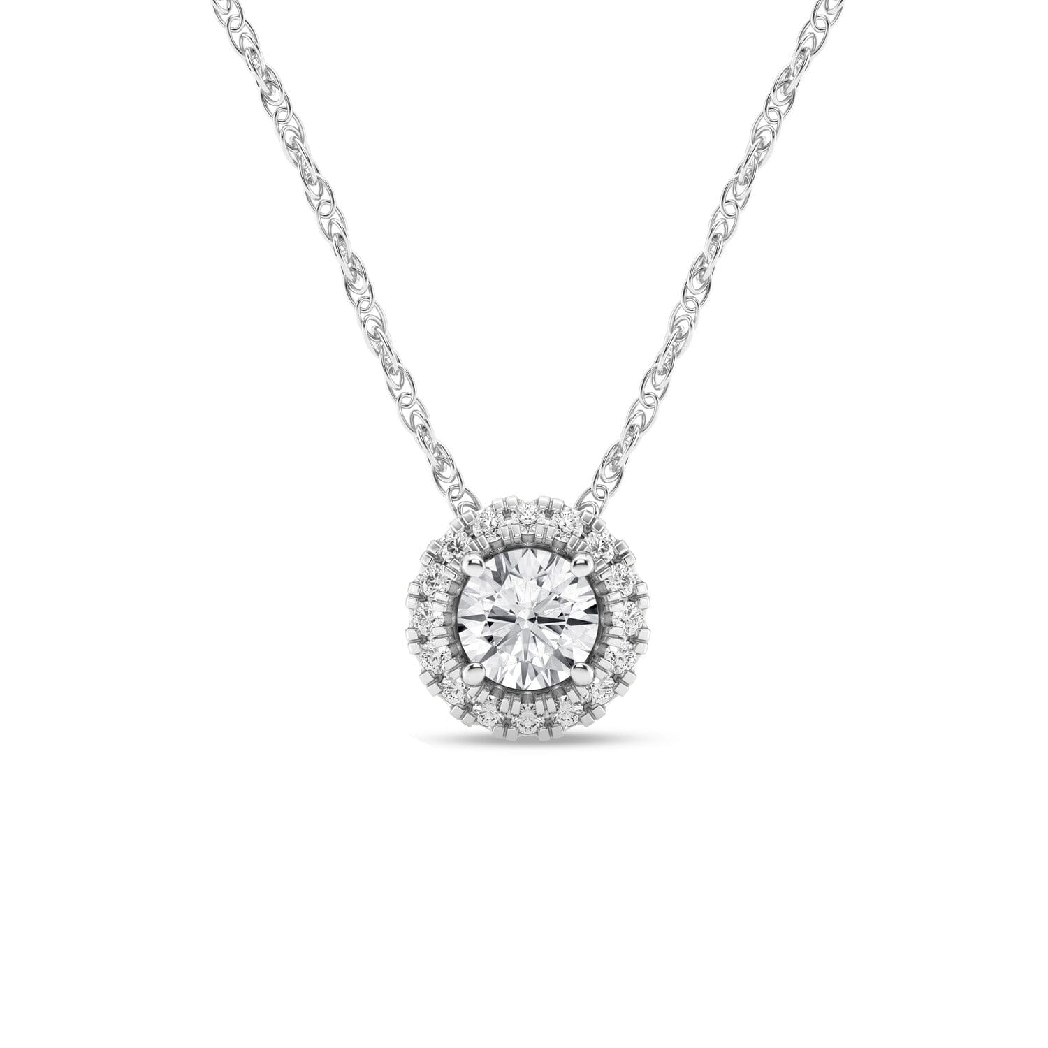 Meera Halo Solitaire Necklace with 0.40ct of Laboratory Grown Diamonds in 9ct White Gold Necklaces Bevilles 