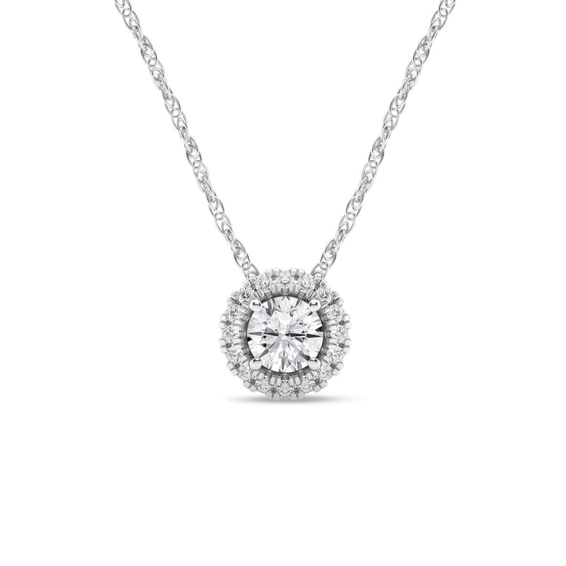 Meera Halo Solitaire Necklace with 0.40ct of Laboratory Grown Diamonds in 9ct White Gold Necklaces Bevilles 