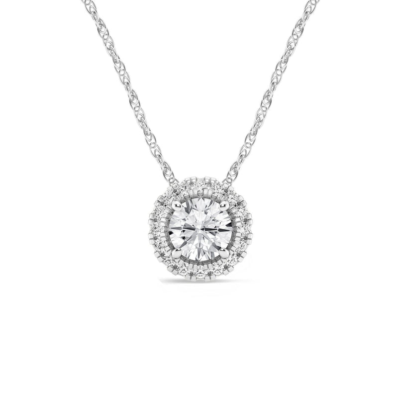 Meera Halo Solitaire Necklace with 0.60ct of Laboratory Grown Diamonds in 9ct White Gold Necklaces Bevilles 