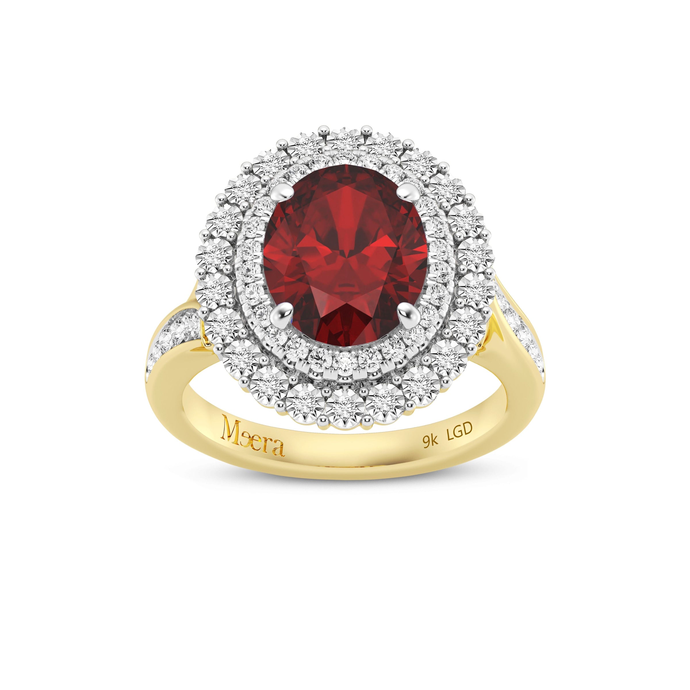 Meera Laboratory Grown Burmese Ruby Sapphire Halo Ring with 0.35ct of Laboratory Grown Diamonds in 9ct Yellow Gold Rings Bevilles 
