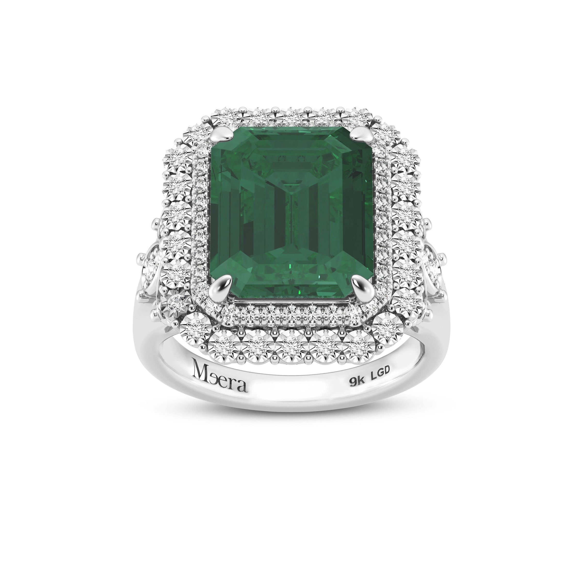 Meera Laboratory Grown Columbian Emerald Ring with 1/2ct of Laboratory Grown Diamonds in 9ct White Gold Rings Bevilles 