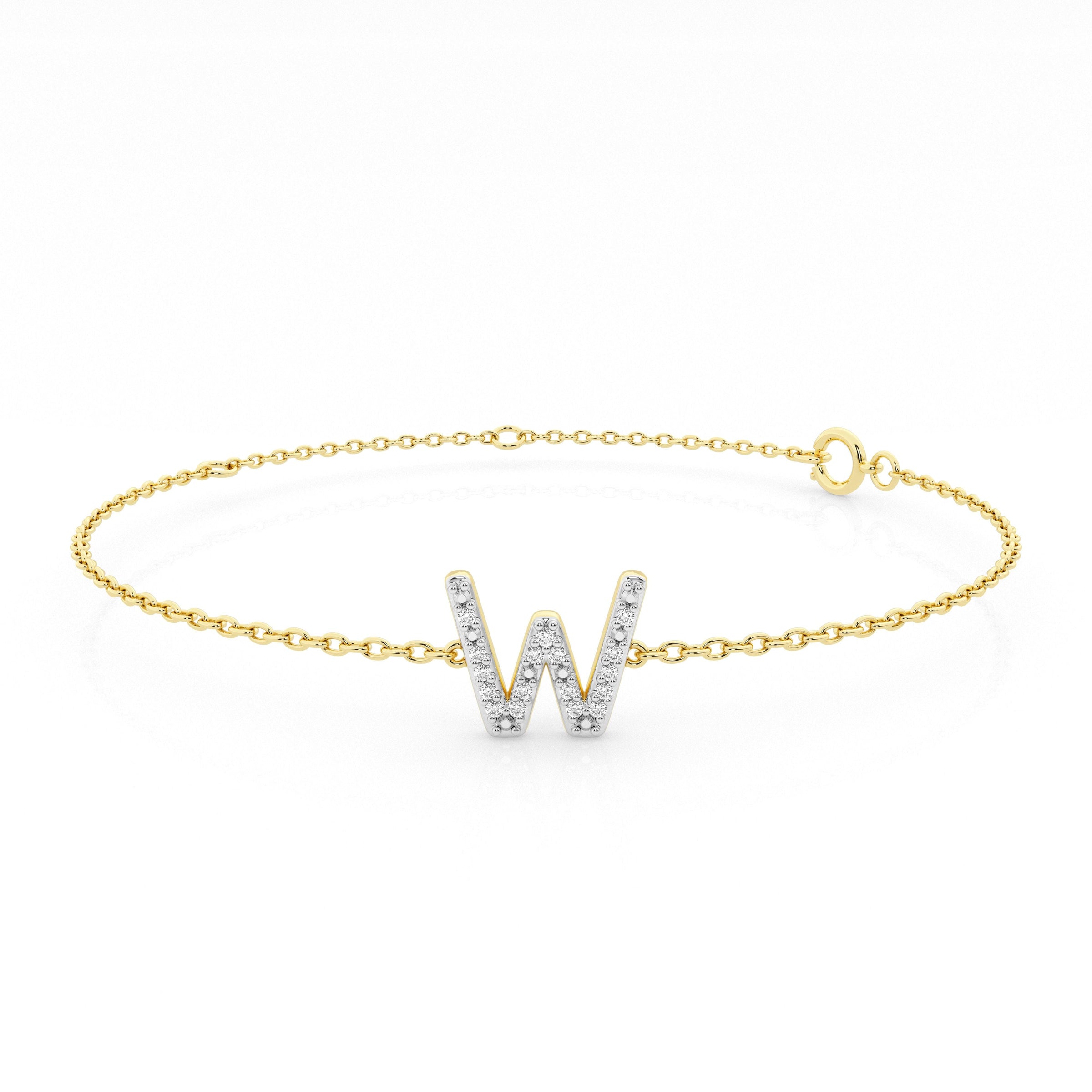 Brilliant Claw Initial W Slider Chain Bracelet with 0.05ct of Diamonds in 9ct Yellow Gold Bracelets Bevilles 