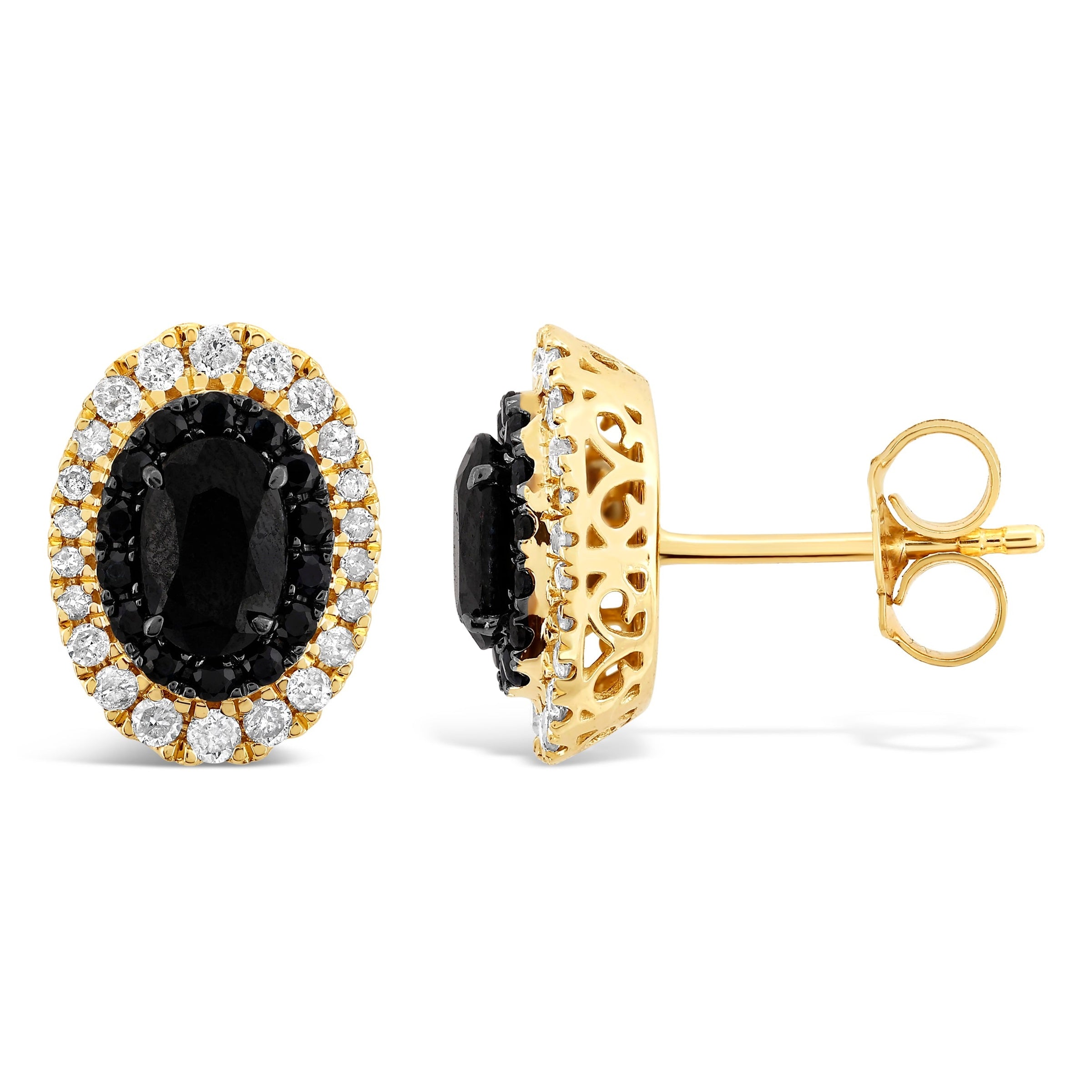 Oval Sapphire Stud Earrings with 1/3ct of Diamonds in 9ct Yellow Gold Earrings Bevilles 