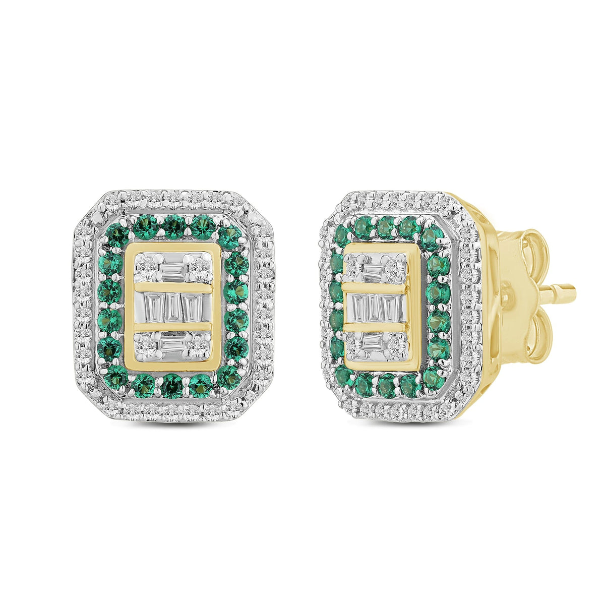Created Emerald Stud Earrings with 1/4ct of Diamonds in 9ct Yellow Gold Earrings Bevilles 
