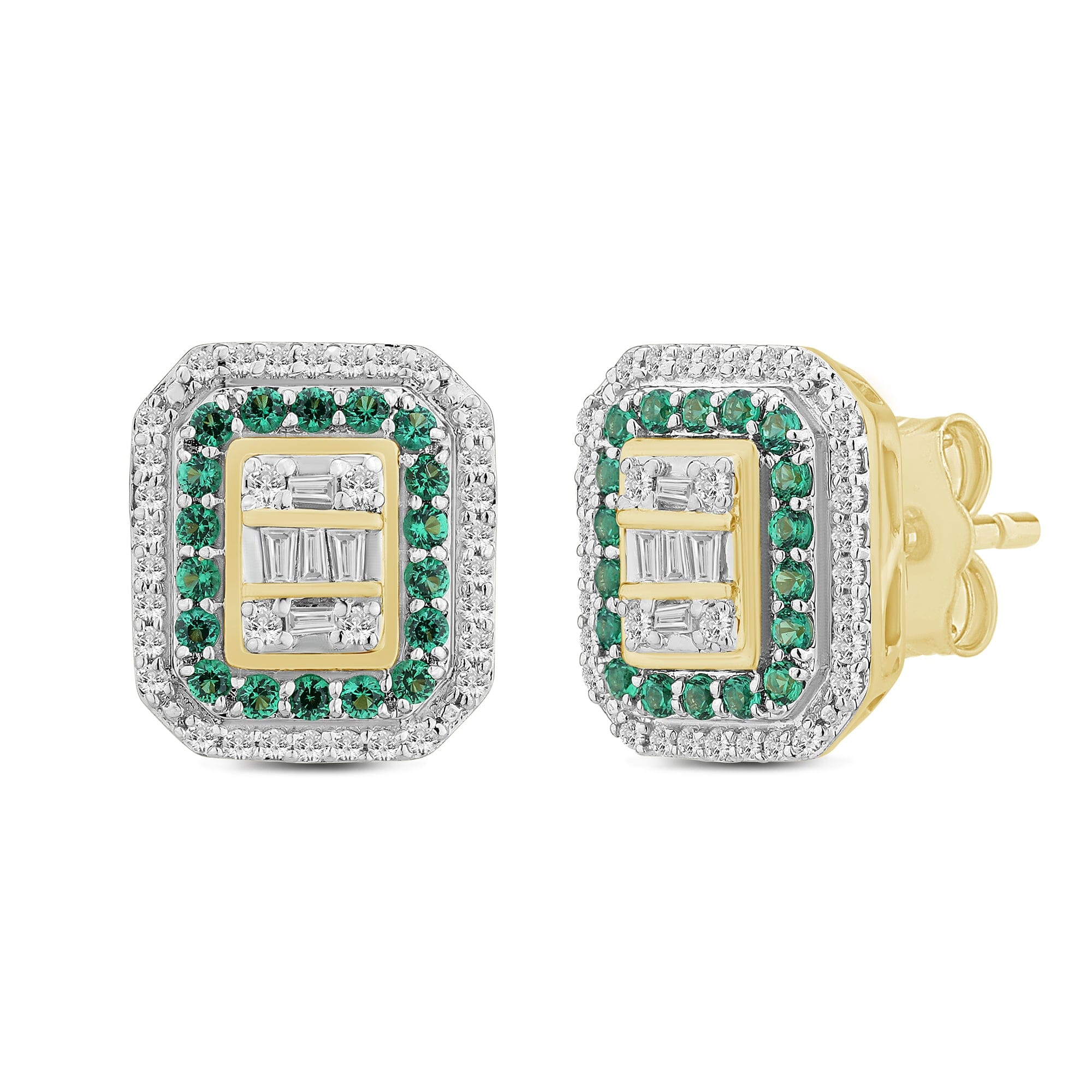 Created Emerald Stud Earrings with 1/4ct of Diamonds in 9ct Yellow Gold Earrings Bevilles 