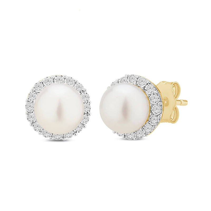 Halo Stud Round Pearl Earrings with 0.15ct of Diamonds in 9ct Yellow Gold Earrings Bevilles 