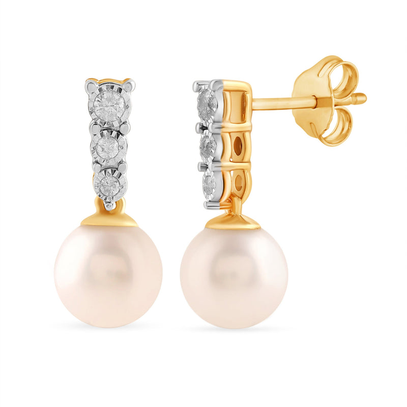 Freshwater Pearl Stud Earrings with 0.10ct of Diamonds in 9ct Yellow Gold Earrings Bevilles 