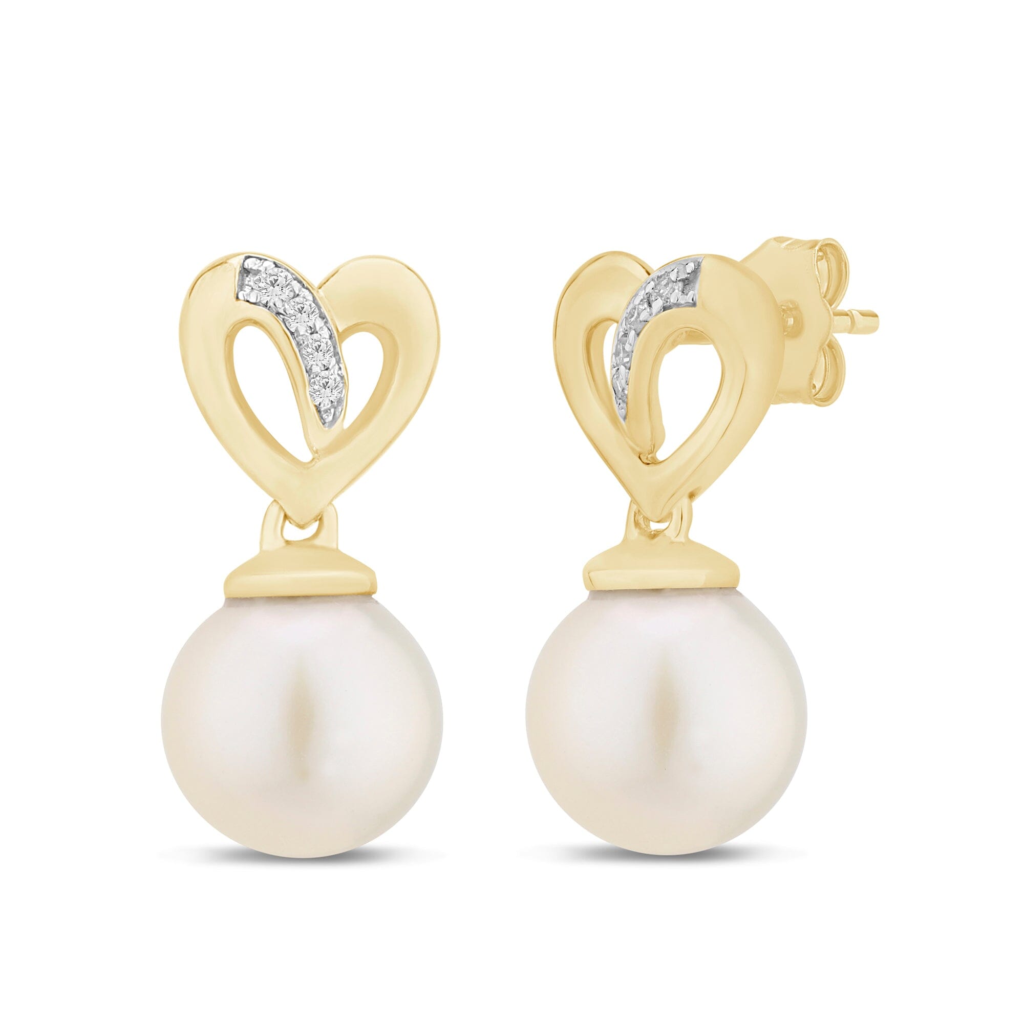Diamond Set Pearl and Heart Stud Earrings in 9ct Yellow Gold Earrings Bevilles 