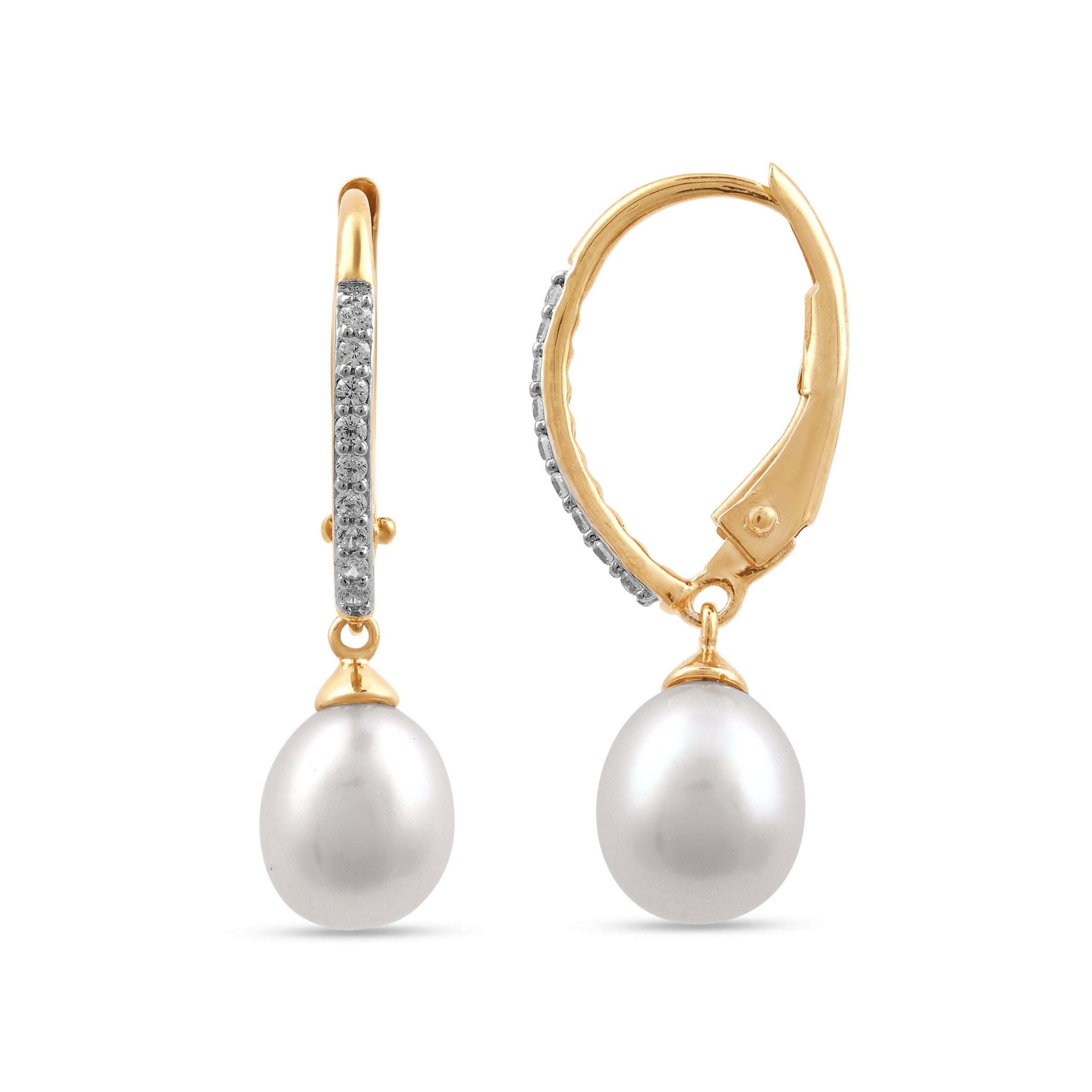 Pearl Drop Earrings with 0.05ct of Diamonds in 9ct Yellow Gold Earrings Bevilles 