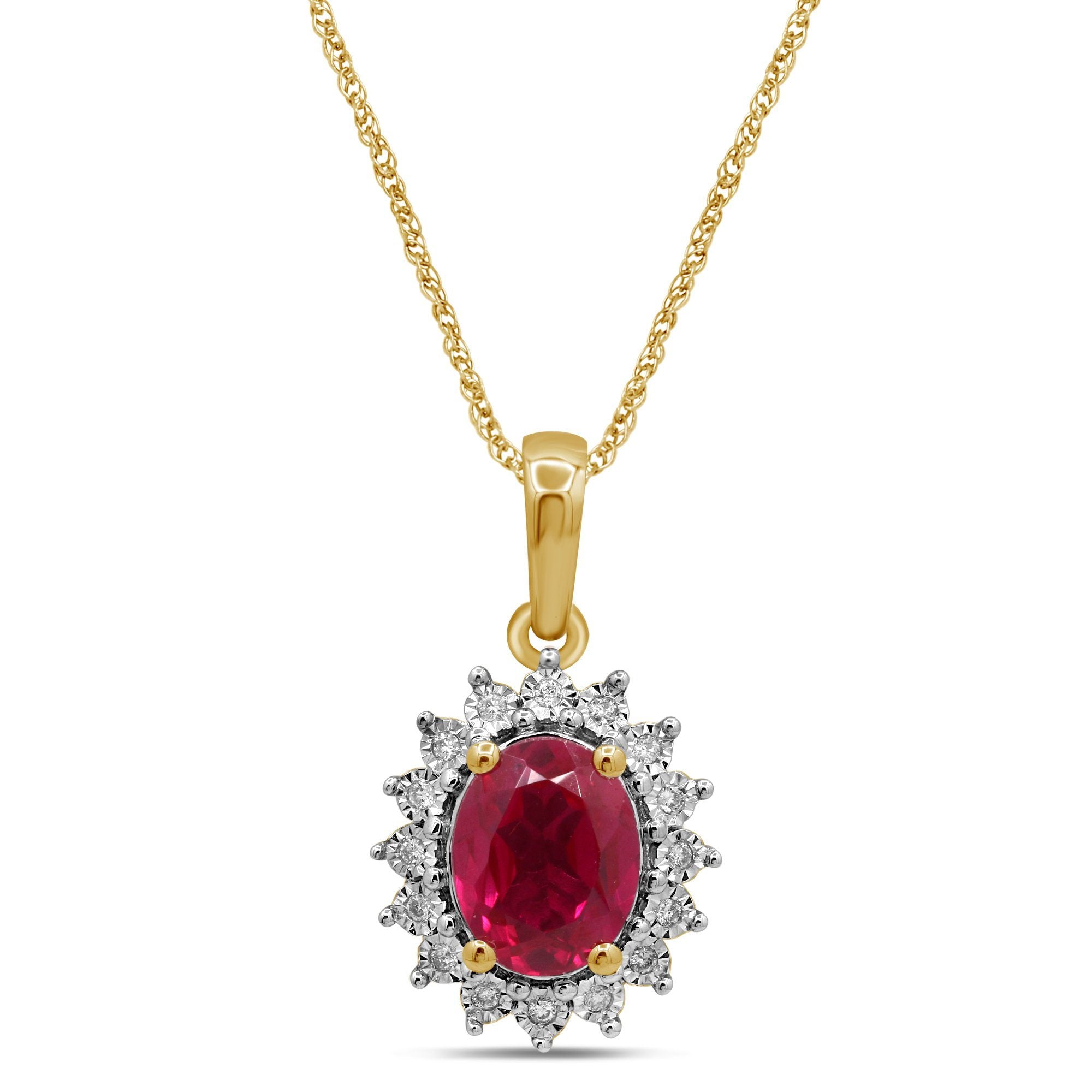Created Ruby and Diamond Necklace in 9ct Yellow Gold Necklaces Bevilles 