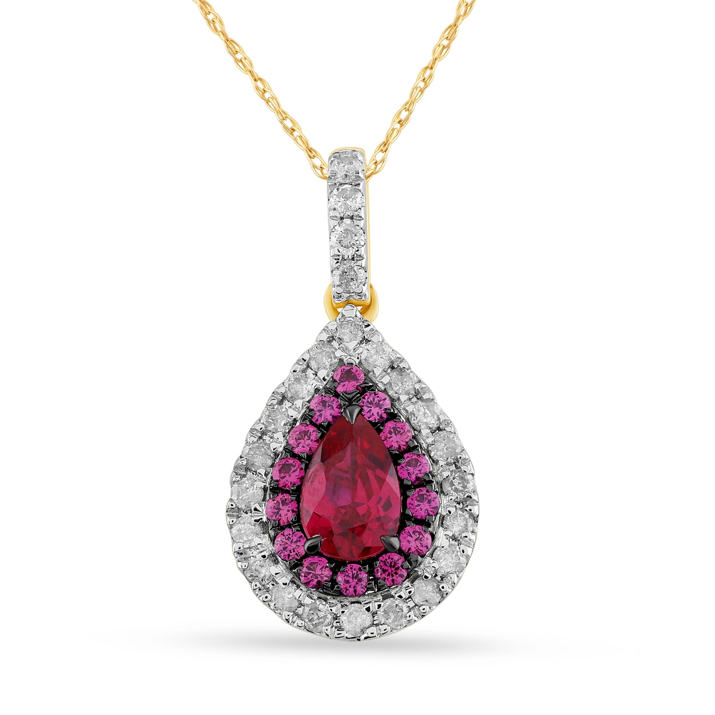 Created Pear Ruby Necklace with 1/5ct of Diamonds in 9ct Yellow Gold Necklaces Bevilles 