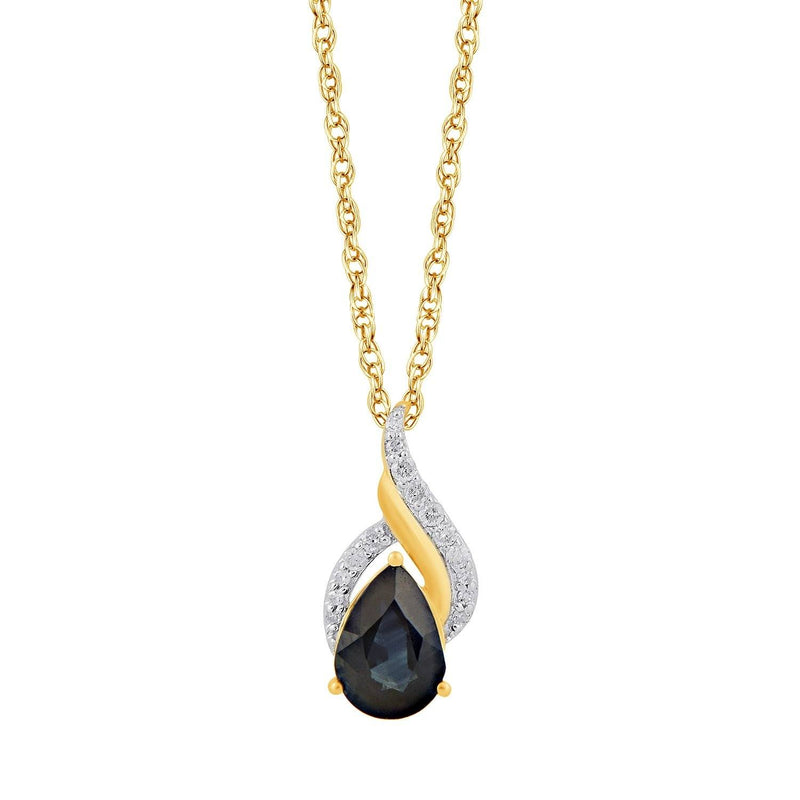 Diamond Set Pear Sapphire Swirl Necklace in 9ct Yellow Gold Necklaces Bevilles 