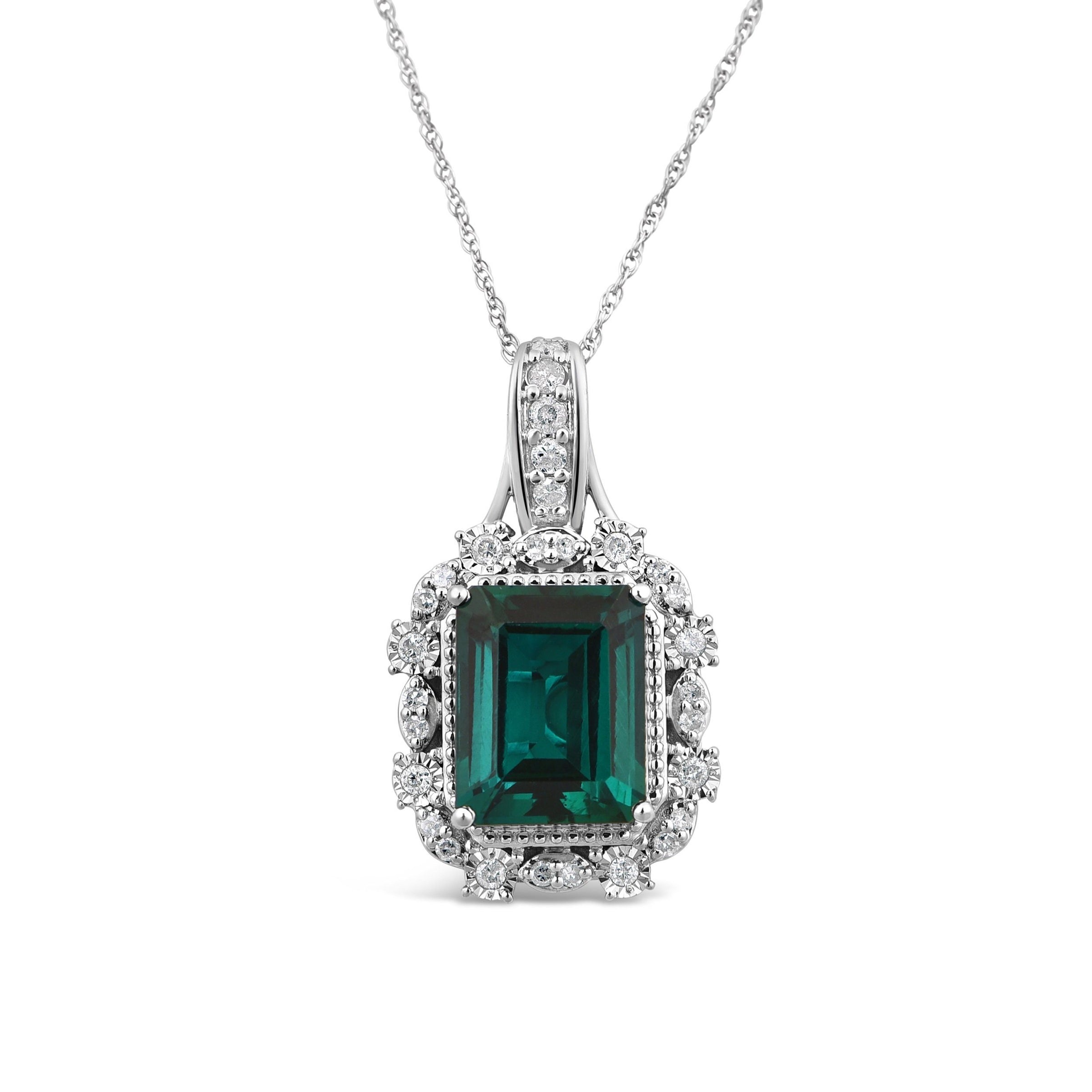 Created Emerald Necklace with 1/5ct of Diamonds in 9ct White Gold Necklaces Bevilles 