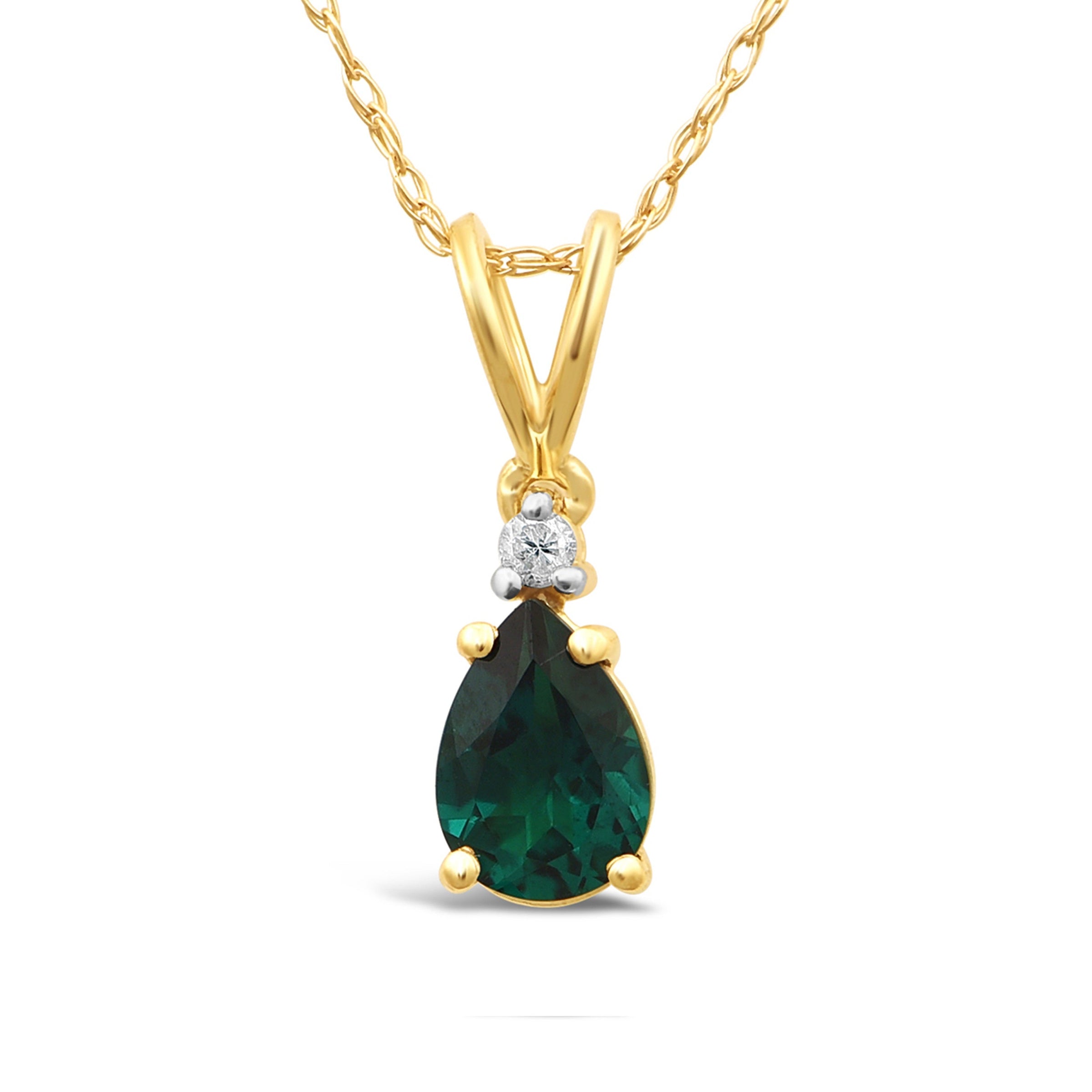 Diamond Set Pear Created Emerald Necklace in 9ct Yellow Gold Necklaces Bevilles 
