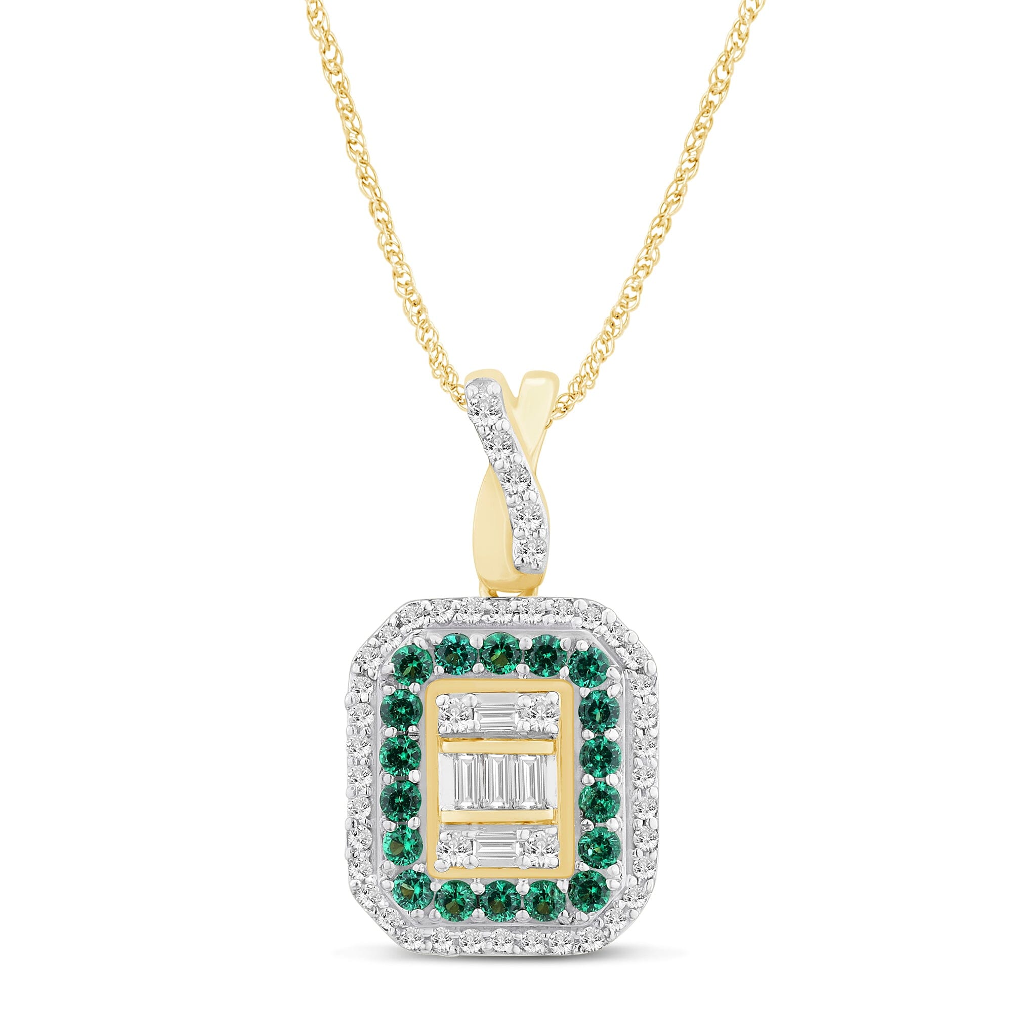 Created Emerald Halo Necklace with 1/4ct of Diamonds in 9ct Yellow Gold Necklaces Bevilles 