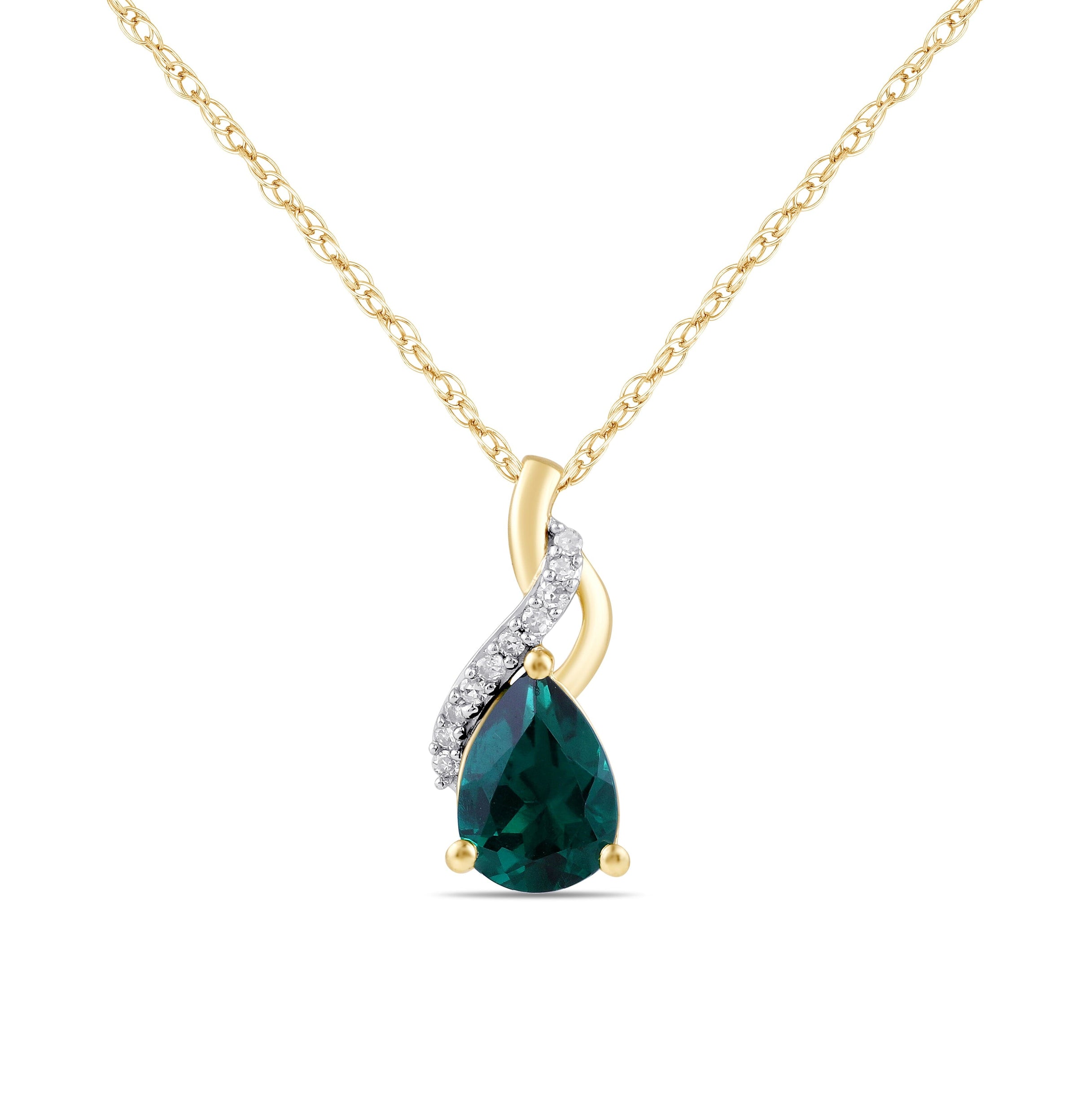 Pear Created Emerald Swirl Diamond Set Necklace in 9ct Yellow Gold Necklaces Bevilles 