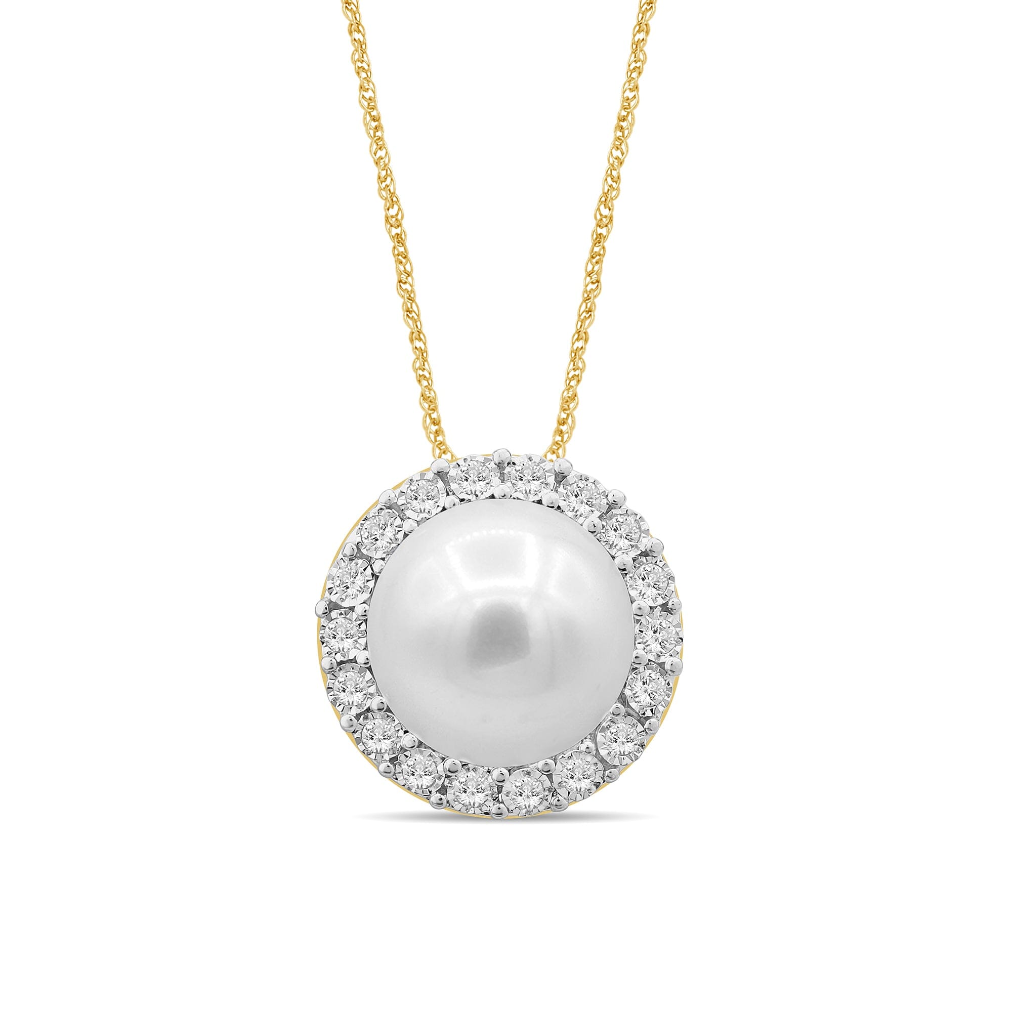 Pearl Halo Slider Necklace with 0.05ct of Diamonds in 9ct Yellow Gold Necklaces Bevilles 