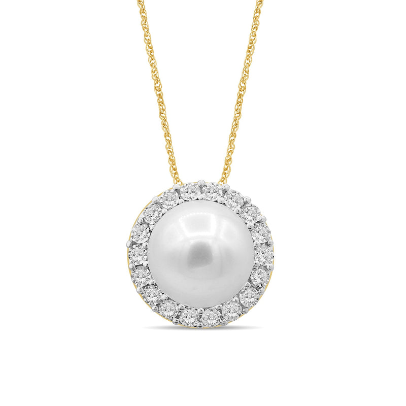Pearl Halo Slider Necklace with 0.05ct of Diamonds in 9ct Yellow Gold Necklaces Bevilles 