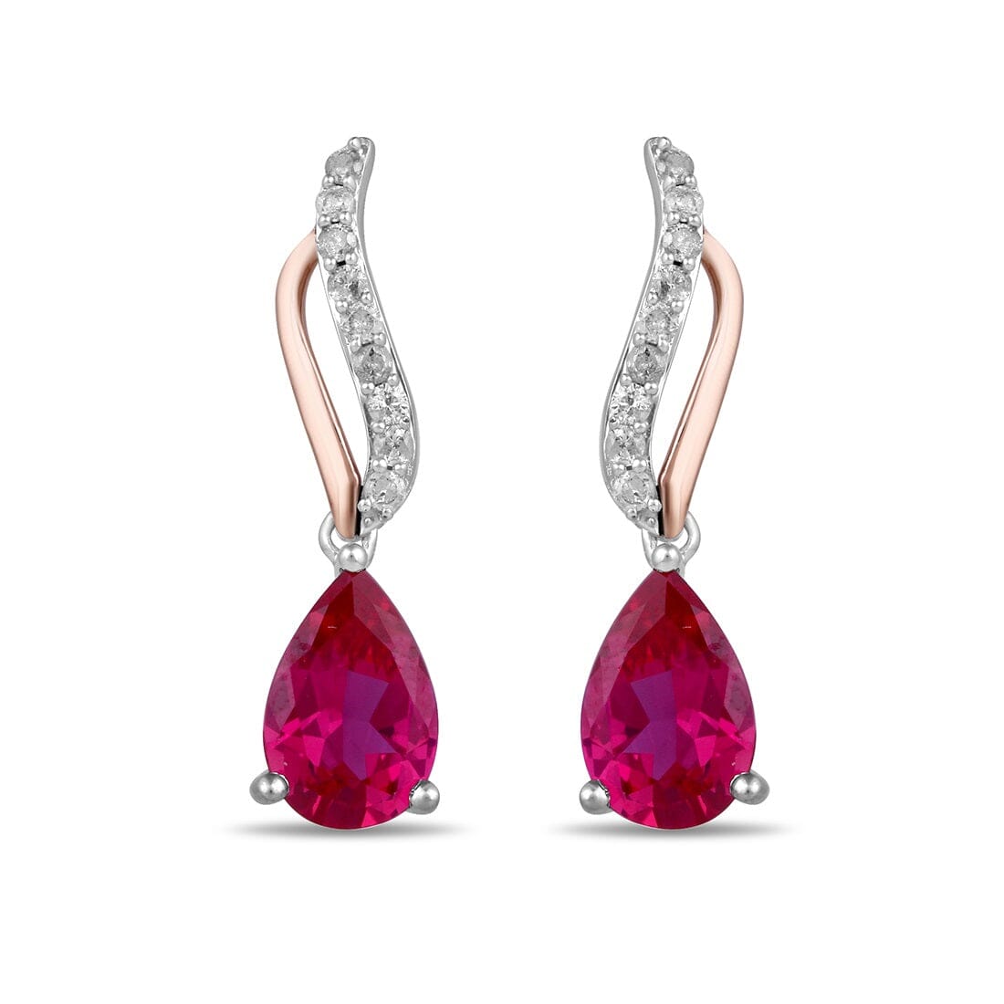 Pear Shaped Created Ruby Stud Earrings with 0.15ct of Diamonds in Sterling Silver and 9ct Rose Gold Earrings Bevilles 