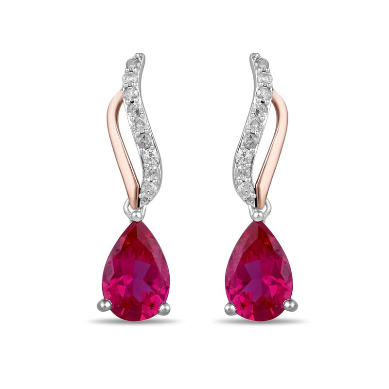 Pear Shaped Created Ruby Stud Earrings with 0.15ct of Diamonds in Sterling Silver and 9ct Rose Gold Earrings Bevilles 