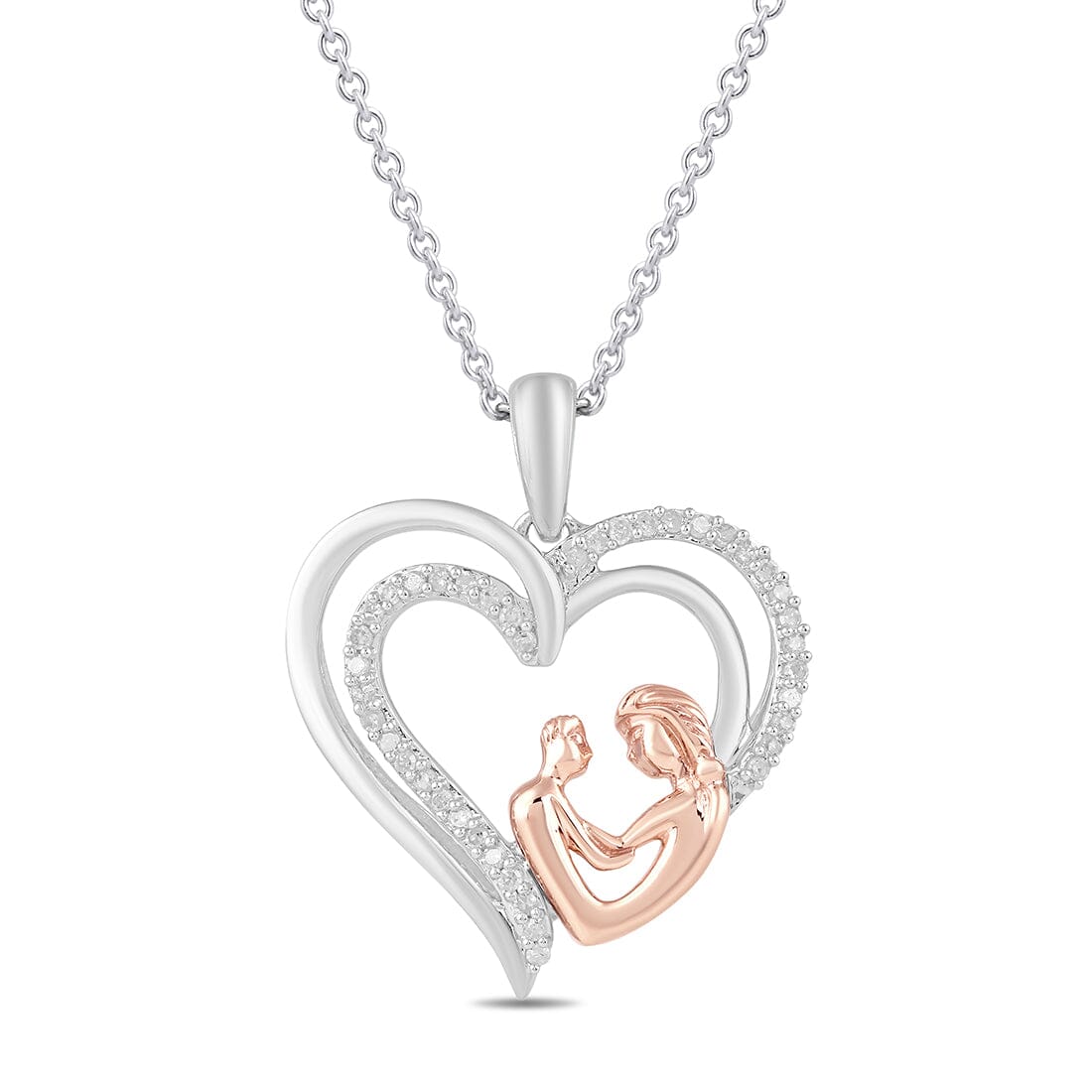 Mum and Child Heart Necklace with 0.10ct of Diamonds in Sterling Silver and 9ct Rose Gold Necklaces Bevilles 