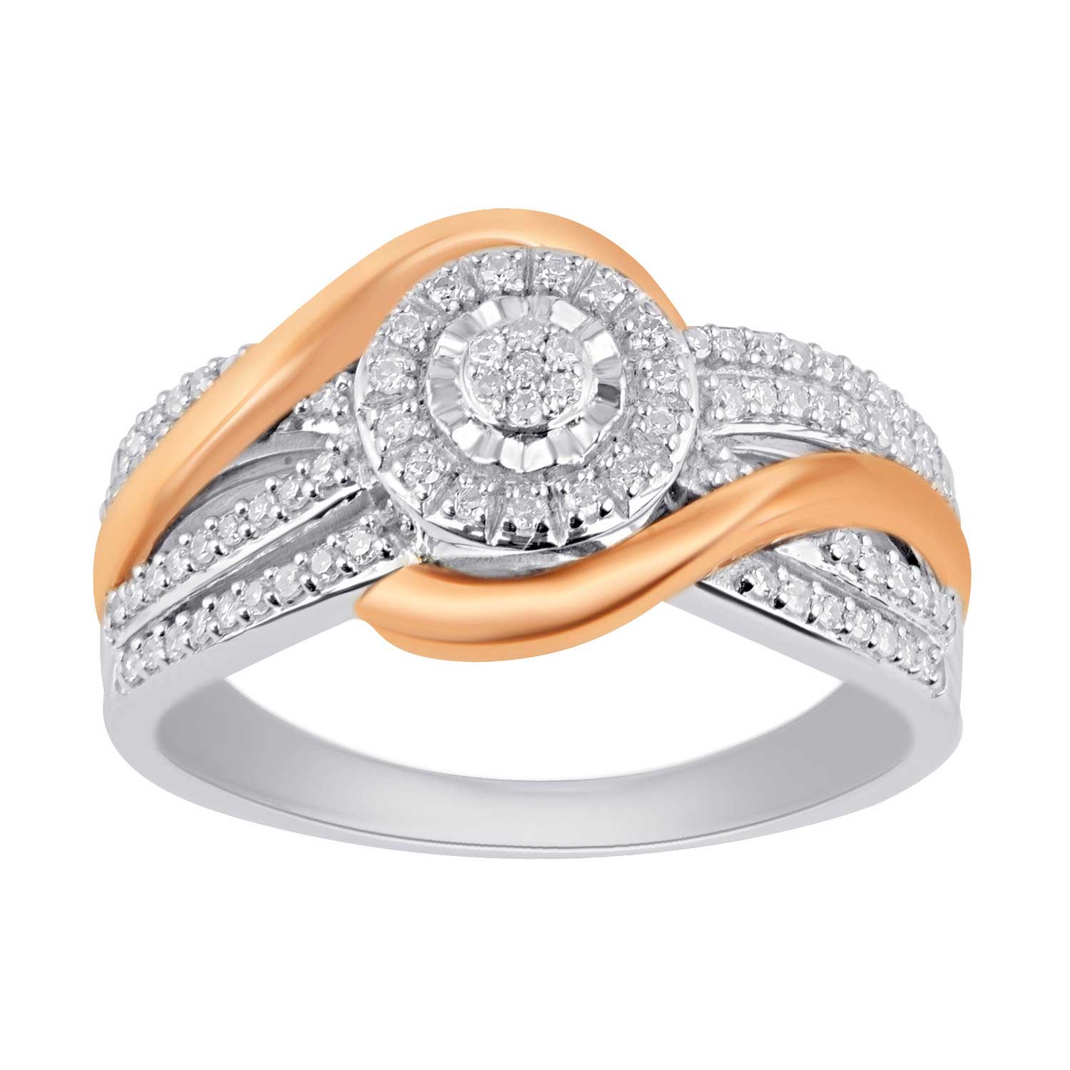 Mirage Halo Multi Crossover Ring with 1/4ct of Diamonds in Sterling Silver and 9ct Rose Gold Rings Bevilles 