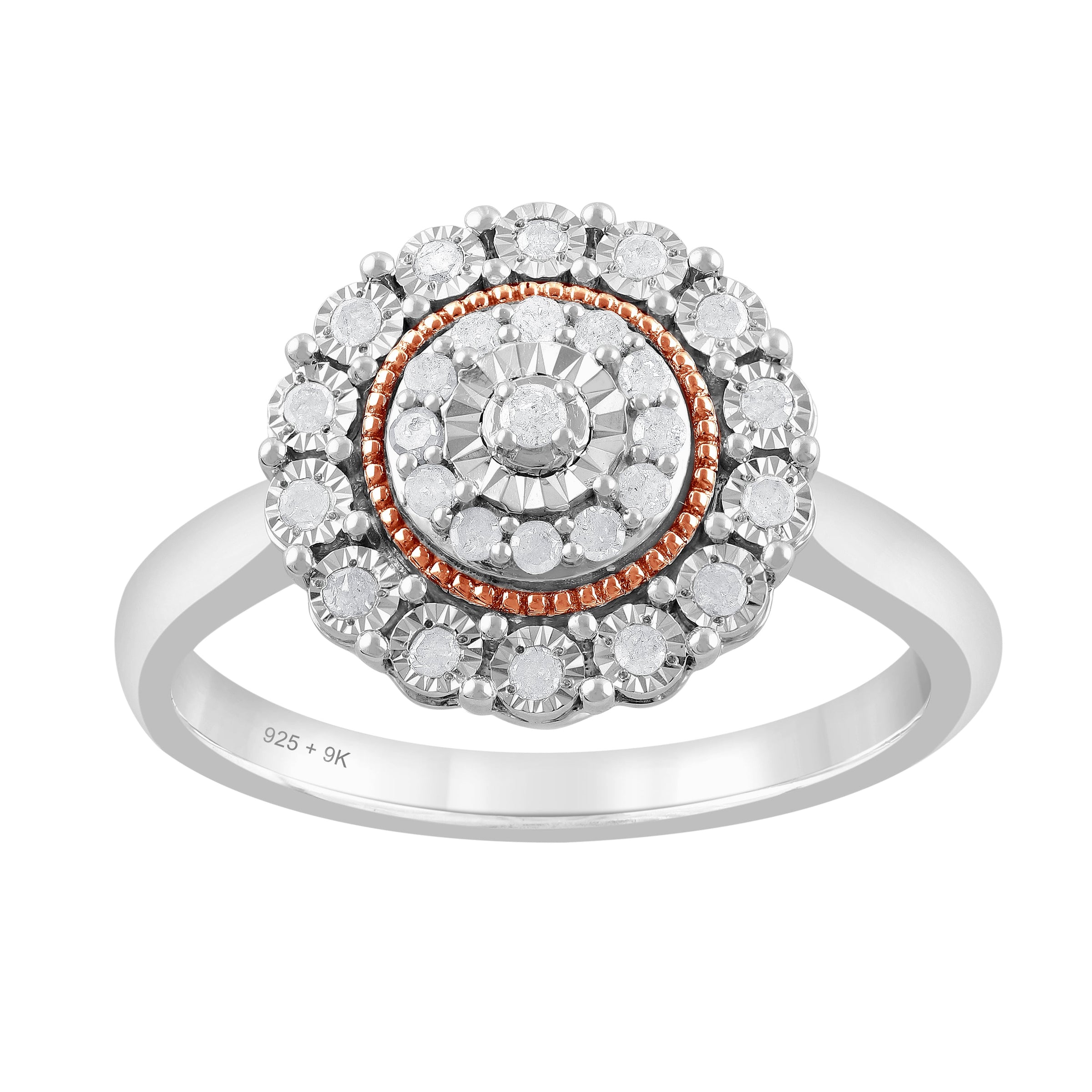 Miracle Halo Ring with 1/5ct of Diamonds in Sterling Silver & 9ct Rose Gold Rings Bevilles 