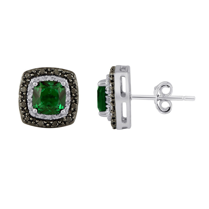 Mirage Created Emerald and Black Diamond Set Stud Earrings in Sterling Silver Earrings Bevilles 