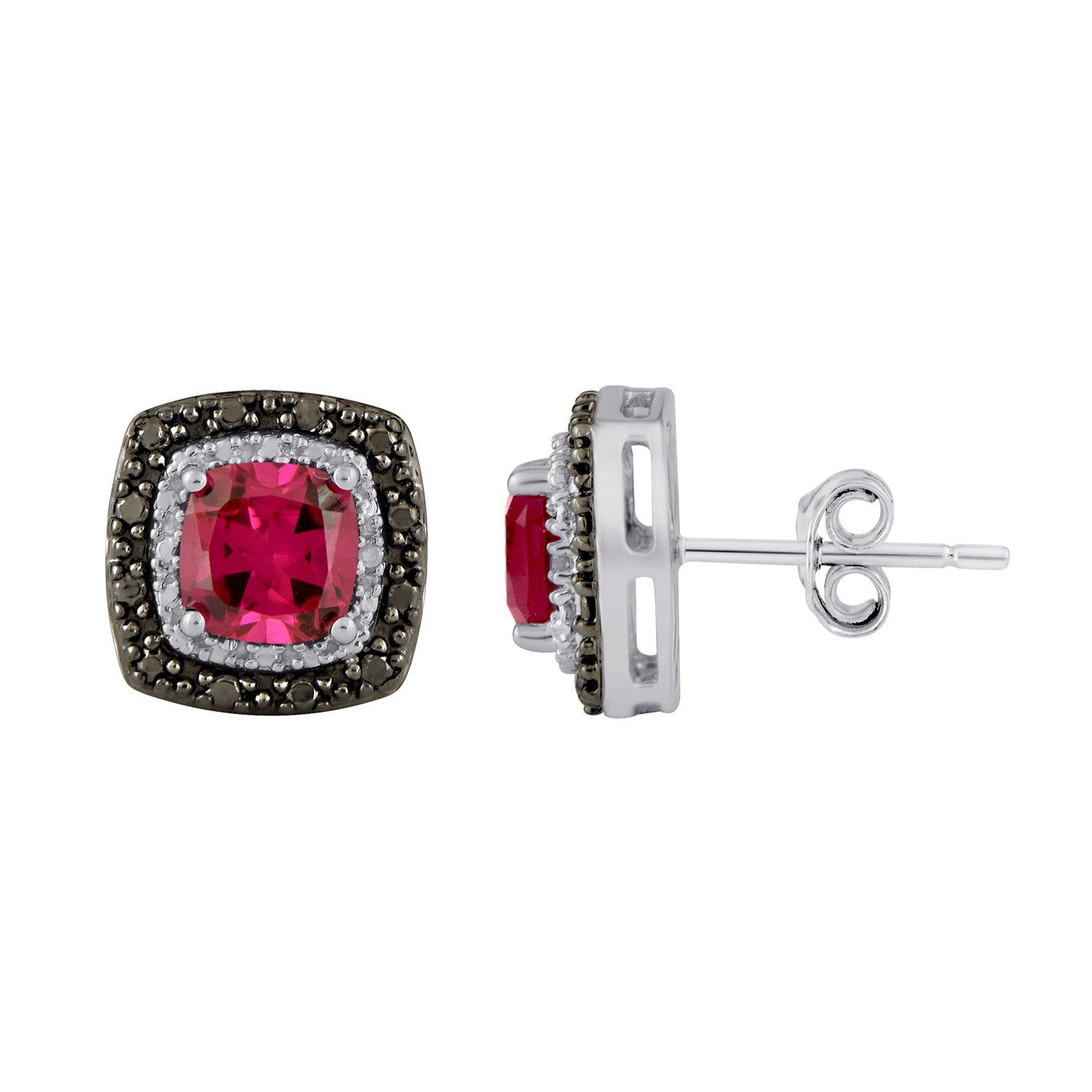 Mirage Created Ruby and Black Diamond Set Stud Earrings in Sterling Silver Earrings Bevilles 