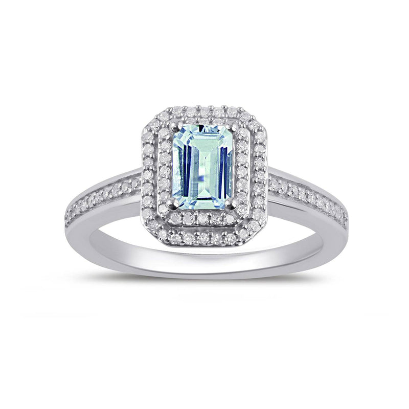 Mirage Double Halo Aquamarine Ring with 1/5ct of Diamonds in Sterling Silver Rings Bevilles 