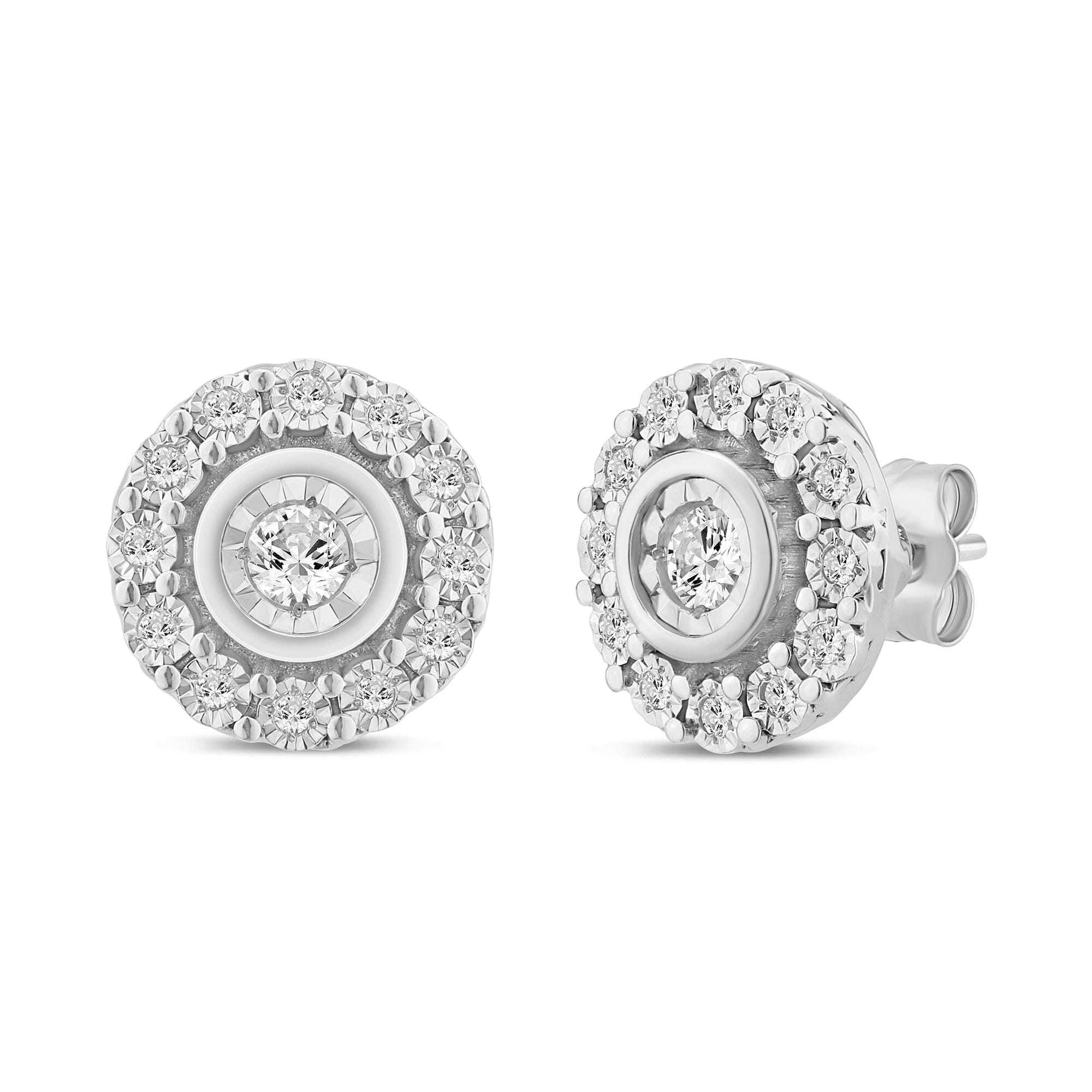 Solitaire Halo Stud Earrings with 1/5ct of Diamonds in Sterling Silver Earrings Bevilles 