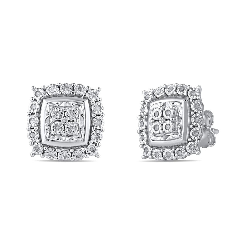 Miracle Square Halo Stud Earrings with 0.15ct of Diamonds in Sterilng Silver Earrings Bevilles 