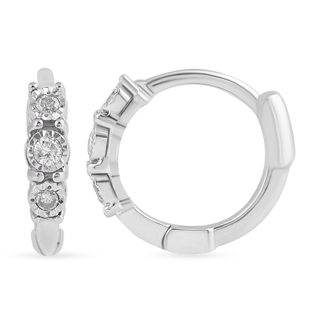 Diamond Set 3 Station Huggie Hoop Earrings in Sterling Silver Earrings Bevilles 