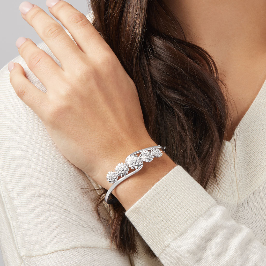 Sterling Silver Fancy Cluster Bangle with 1/2ct of Diamonds Bangles Bevilles 