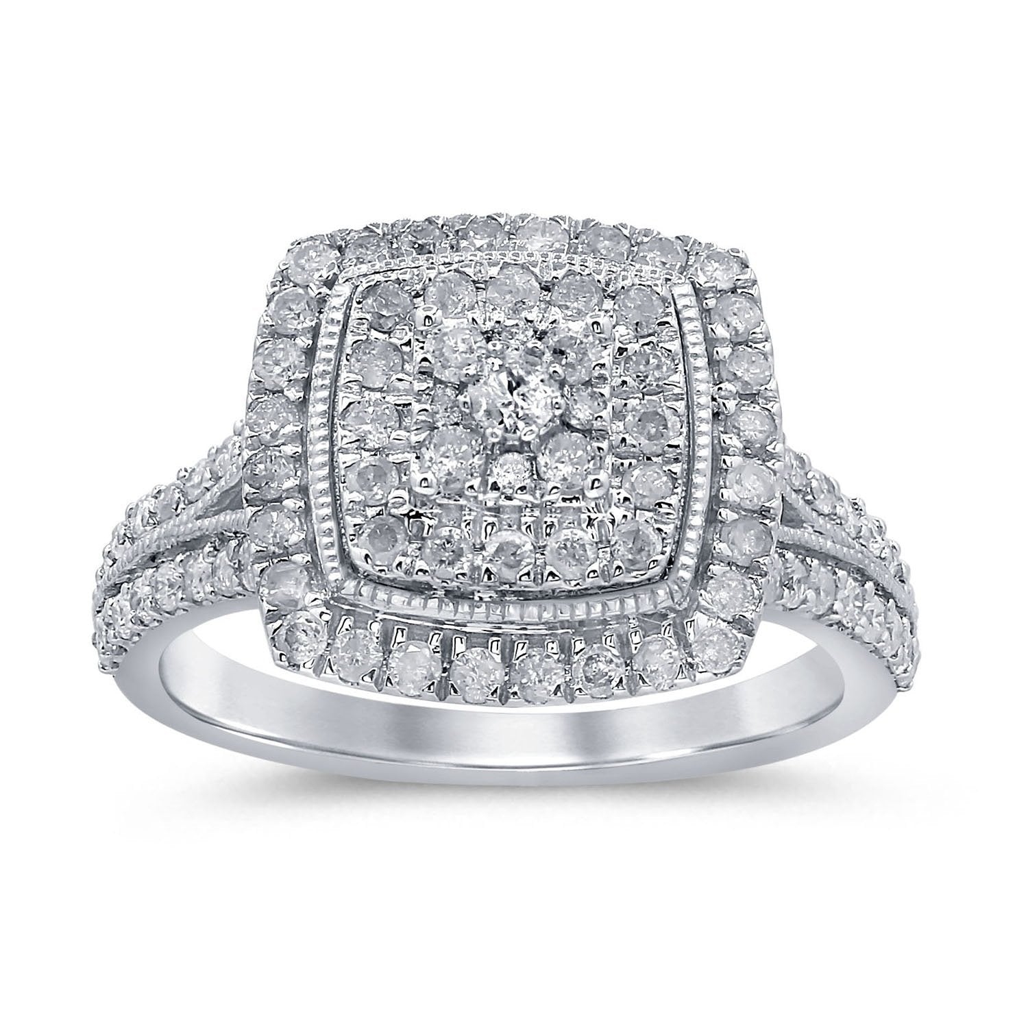 Double Halo Split Shoulder Ring with 1.00ct of Diamonds in Sterling Silver Rings Bevilles 