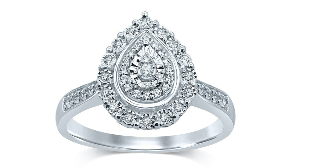 Brilliant Miracle Pear Halo Ring with 1/5ct of Diamonds in Sterling Silver Rings Bevilles 