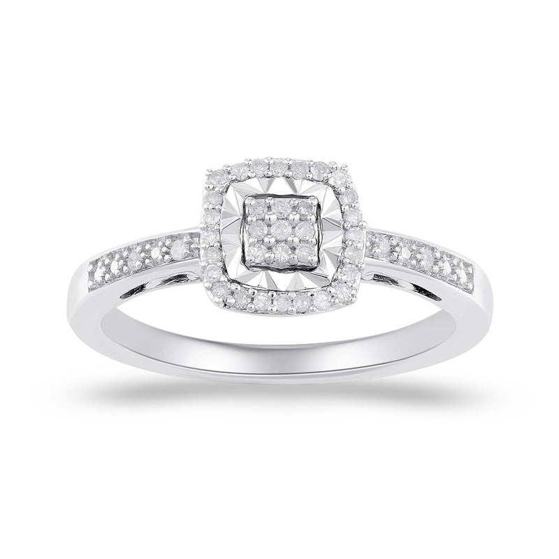 Square Halo Ring with 0.10ct of Diamonds in Sterling Silver Rings Bevilles 