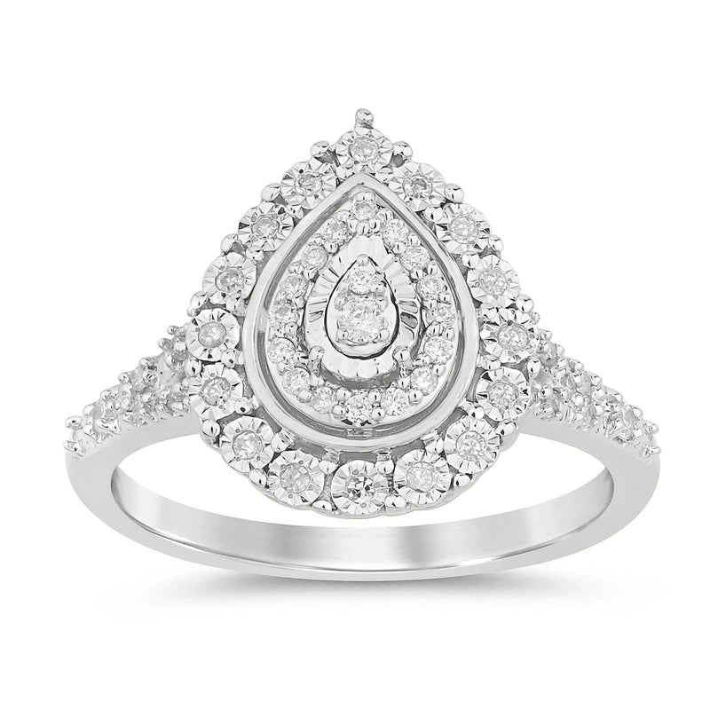 Pear Shaped Halo Ring with 0.15ct of Diamonds in Sterling Silver Rings Bevilles 